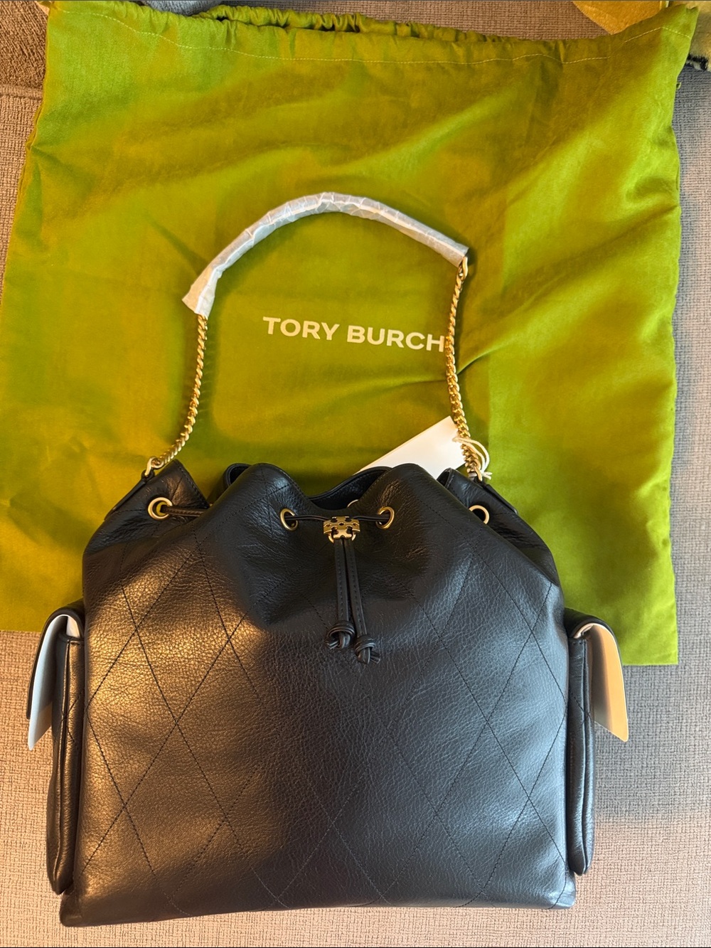 Tory Burch Large Charlie Drawstring Calf Leather Quilted Bag